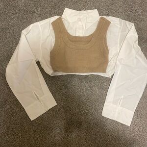 SpeedX: Two piece set white button crop with beige sweater great for work